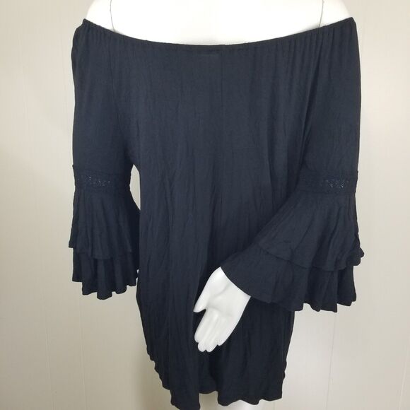 The Hanger blouse Large Black Off Shoulder tunic bell sleeve Peasant Soft Sexy - Picture 4 of 9